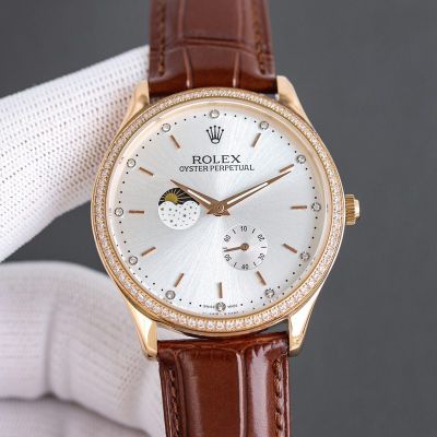 Rolex Oyster Perpetual 82S7 Movement 40mm Blue/White Face Leather Band Watch